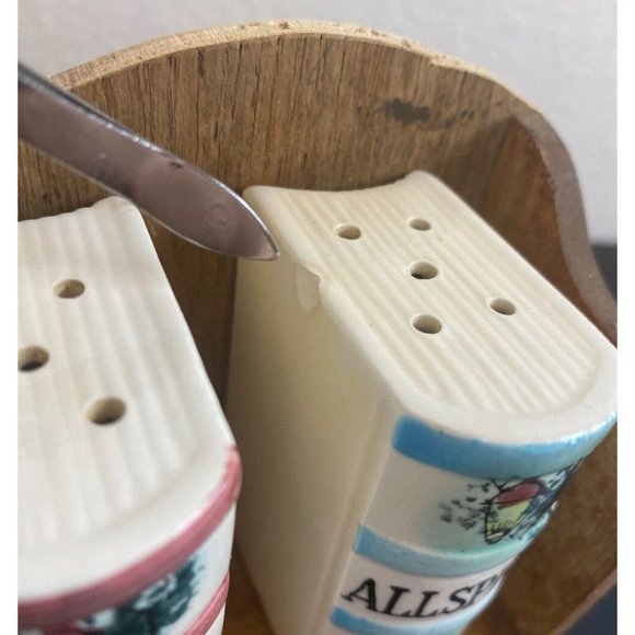 Wood and Ceramic Spice Rack 4 shakers with 3 drawers Japan Vintage City Scene - Picture 7 of 8